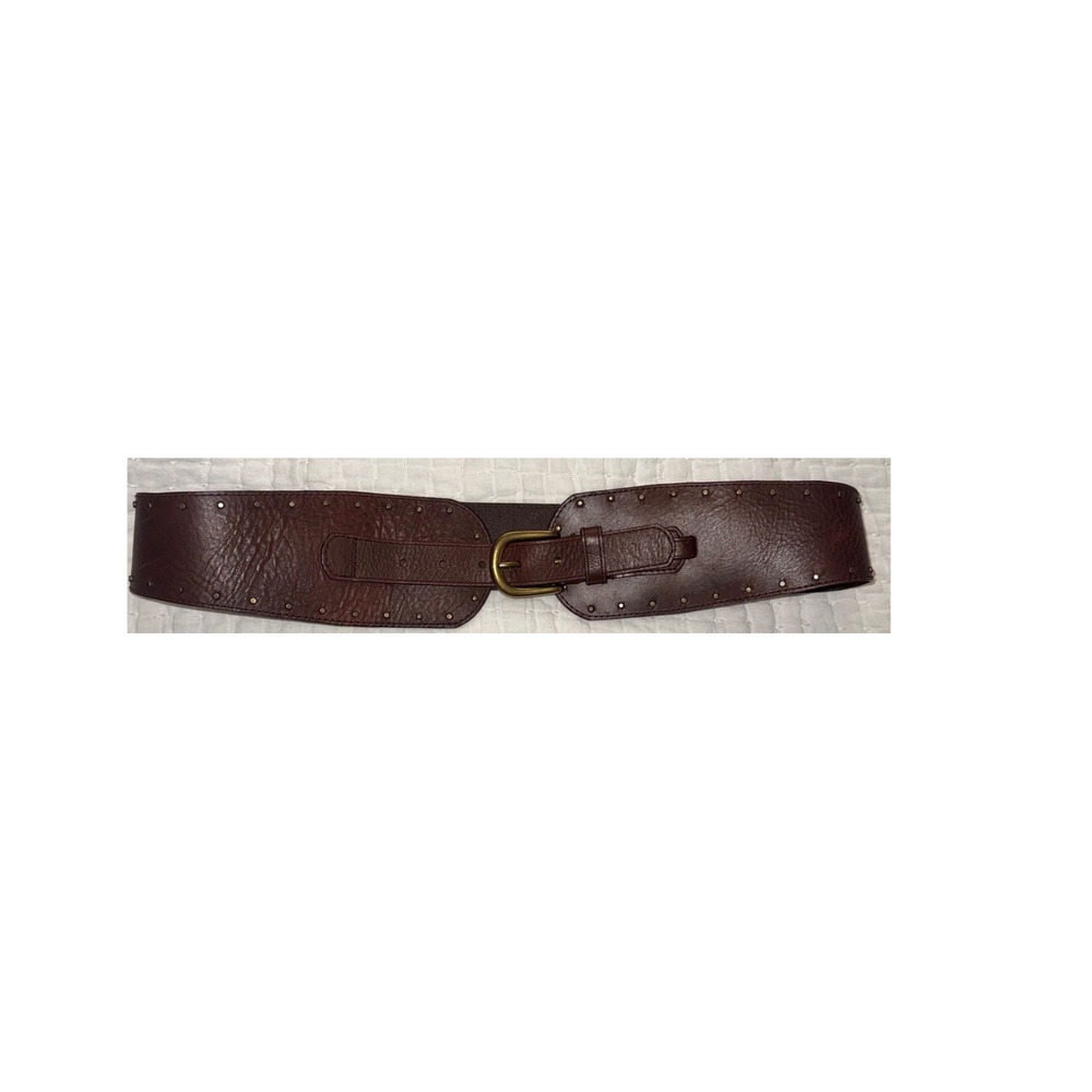 Vintage Brown Leather Wide Cinch Belt Brass Studded Waist Belt Size Large